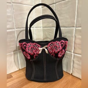 Vintage Early 2000s Y2K Black and Pink Embroidered Corset Purse